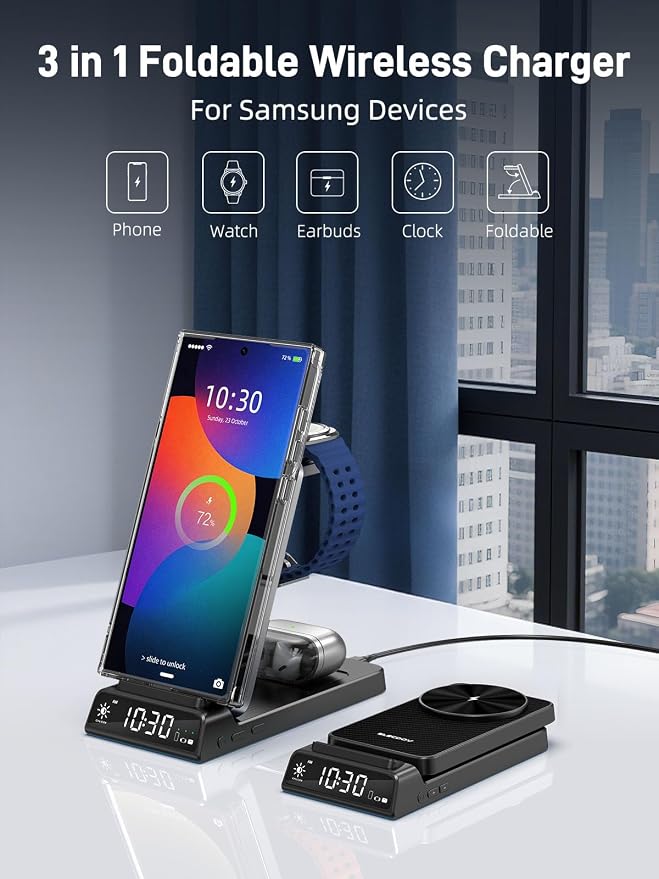 Magnetic Wireless Charger for Samsung, 3 in 1 Android Charging Station for Galaxy S26 Ultra/S25 Ultra/Z Fold/Flip, Galaxy Watch 8/8 Classic/Ultra, Buds 4, Nightstand Bedside Stand (with Adapter)