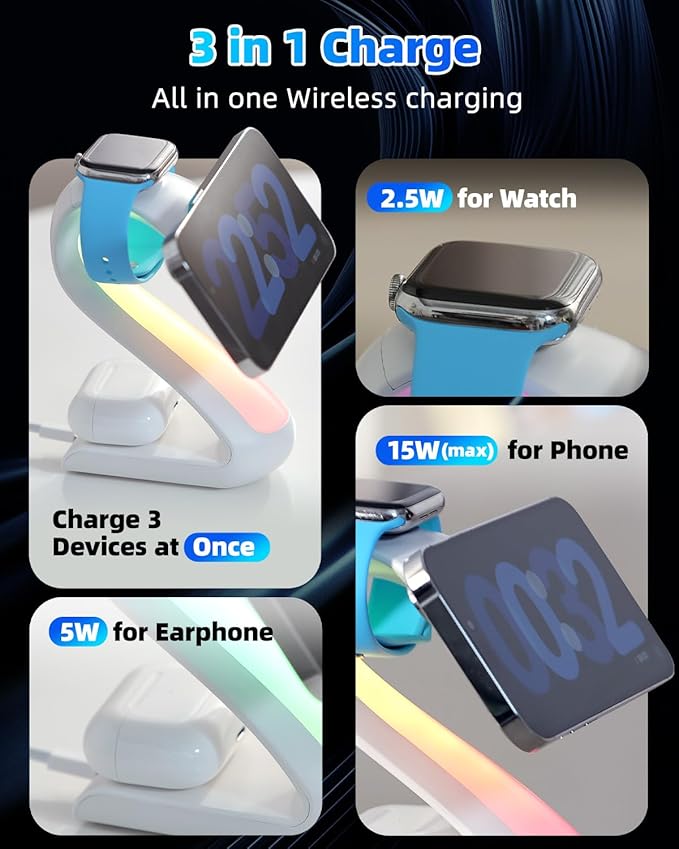 4-in-1 Magnetic Wireless Charging Station for Apple iPhone 17 16 15 14 13 12 Pro Max & Watch | 15W Fast MagSafe Charger Stand with Night Light | Aesthetic Swan Desk Organizer for AirPods (White)