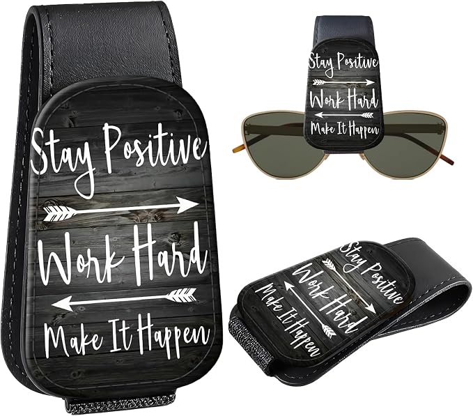 Leather Magnetic Sunglass Holder for Car Sun Visor, Cute Eyeglass Ticket Card Hanger Clip, Universal Auto Interior Accessories for SUV Pickup Truck, Motivation Quote