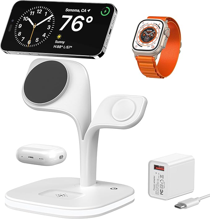 EXW for Magsafe Charger Stand,Charging Station for Multiple Devices,Wireless Charger for iPhone 17 Air 16 15 14 13 12 Series,Apple Watch Series 1-10/Ultra,AirPods Pro with LED and Adapter (White)