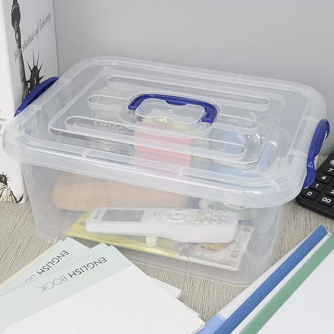 2 Packs 8 Quart Plastic Stackable Storage Boxes with Transparent Lid and Deep Blue Handle