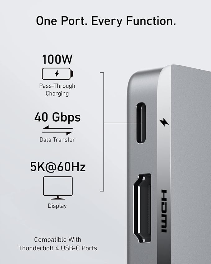 Anker USB C Hub for MacBook, 7-in-2 with 4K@60Hz HDMI, Compatible with Thunderbolt 4, 1 Type C and 2 USB A Data Ports for MacBookPro 13 Inch, MacBookAir M1 / M2, and More