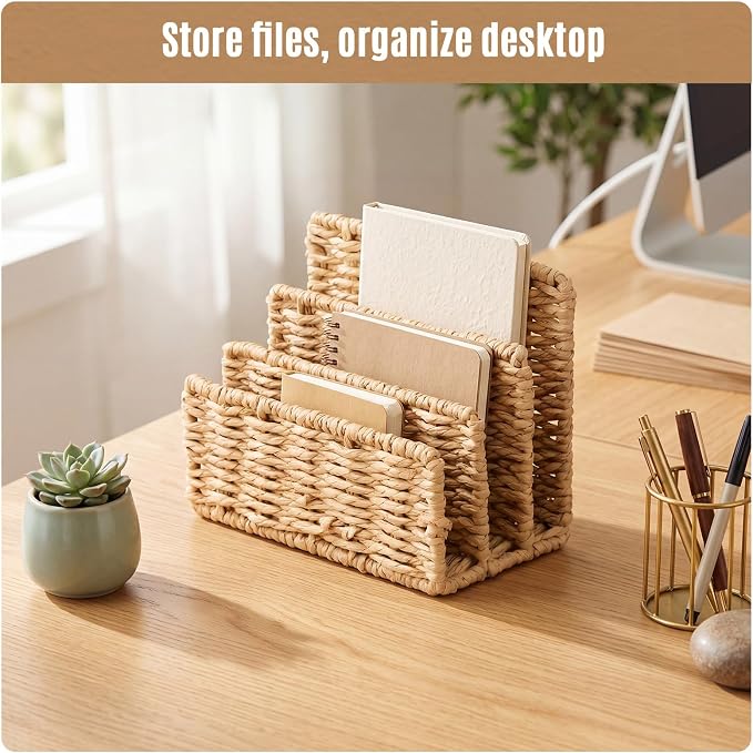 Paper Rattan Mail Organizer for Desk Mail Holder Countertop with 3 Slot Paper Rattan Letter Sorter File Holder Envelope Book Stand Farmhouse Office Desk Organizer and Storage Accessories