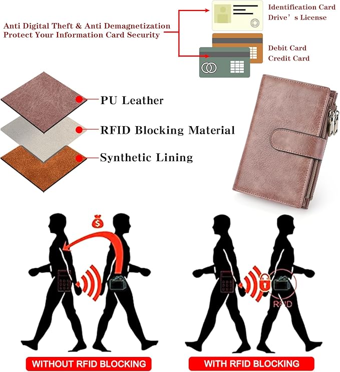 GOIACII Womens Wallets RFID Blocking Leather Trifold Clutch Wallet Credit Card Holder Ladies Purse 3 ID Windows Pink