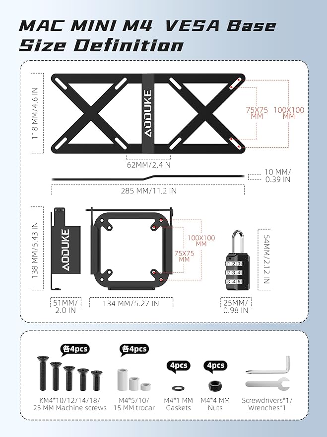 with Combination Security Lock 2024 Mac mini M4 VESA Computer Monitor Mount Bracket for Anti-Theft Server Rack Extension Plate Adapter, Compatible 75X75/100X100MM Hole distance-AJM4GS-BM