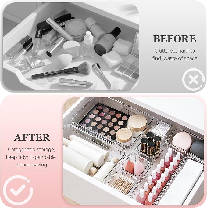 DILIBRA 16 Pcs Clear Extendable Drawer Organizer, 3-Size Adjustable | Plastic Non-Slip Storage Bins, For Makeup Cosmetic Jewelries, For Utensils Stationery, For Dressers Tool, Desk Drawer Storage