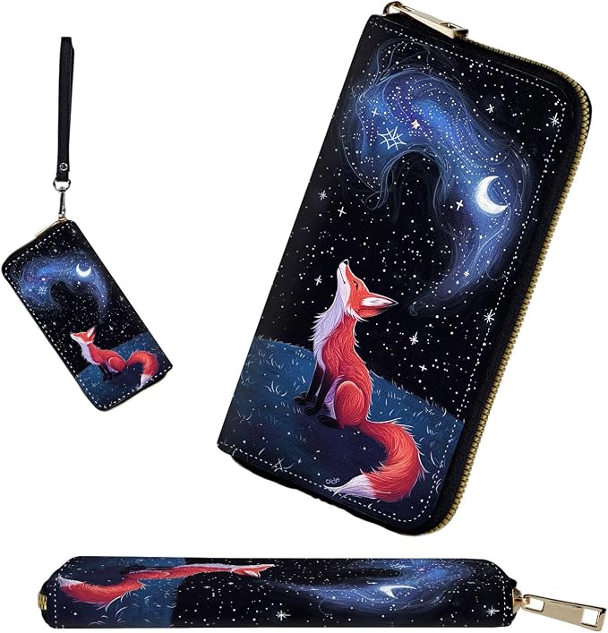 RFID-Blocking Zip Around Wallets for Women with Detachable Wrist Strap,Large Capacity Phone Holder with Card Organizer & Coin Pocket,Fox Moon Starry Sky