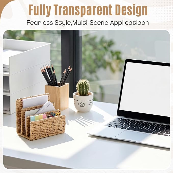 Paper Rattan Mail Organizer for Desk Mail Holder Countertop with 3 Slot Paper Rattan Letter Sorter File Holder Envelope Book Stand Farmhouse Office Desk Organizer and Storage Accessories