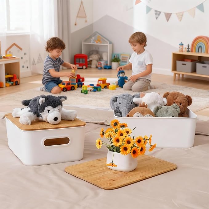 Citylife Storage Bins with Bamboo Lids 16QT Plastic Storage Containers Stackable Organizer Boxes with Handle for Desk Snacks, Toys, 4 PCS, 15" L x 10.6" W x 5.8" H