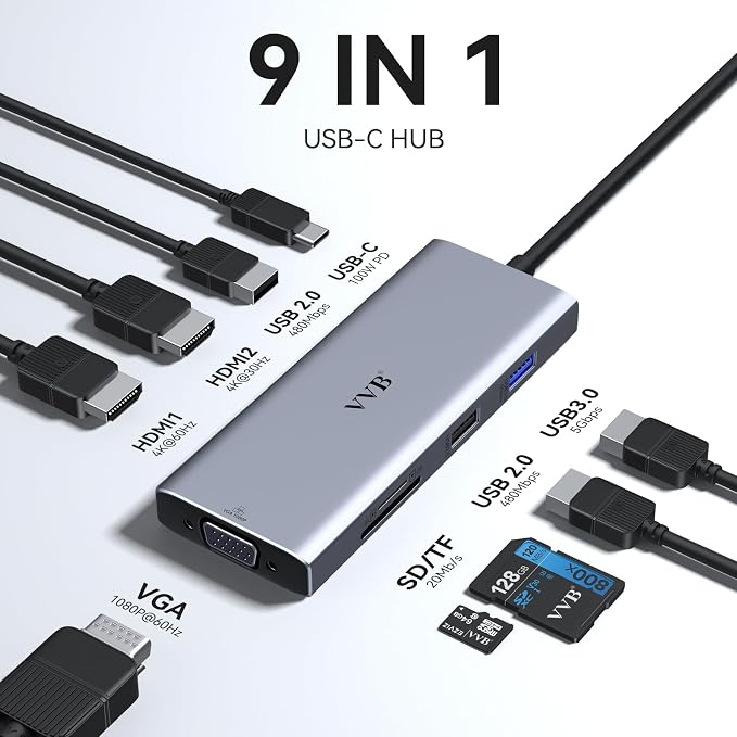 Docking Station 3 Monitors USB C Docking Station Dual Monitor HDMI Adapter for Dell HP Laptop,USB C Hub Multiple Adapter Dongle with 2 HDMI 4K+VGA+100W PD Charger+3 USB Port+SD/TF Card Reader