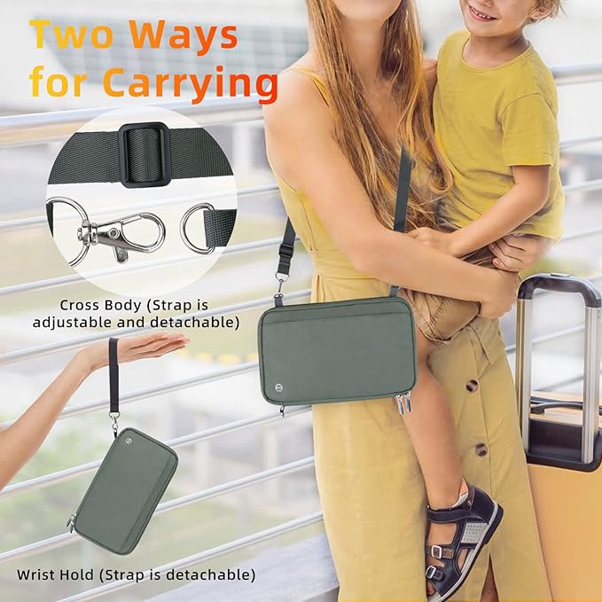 WALNEW RFID Family Passport Holder Wallet with Tracker/AirTag Holder, Travel Document Organizer Zipper Pouch with Wristlet and Cross Body Straps for Women Men