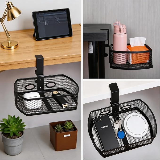 Clamp On Desk Organizer, Hanging Desk Shelf with Clamp, Metal Mesh Desk Drawer Attachment for Office Supplies, Phone, Pens, Glasses, No Drill Under Desk Storage