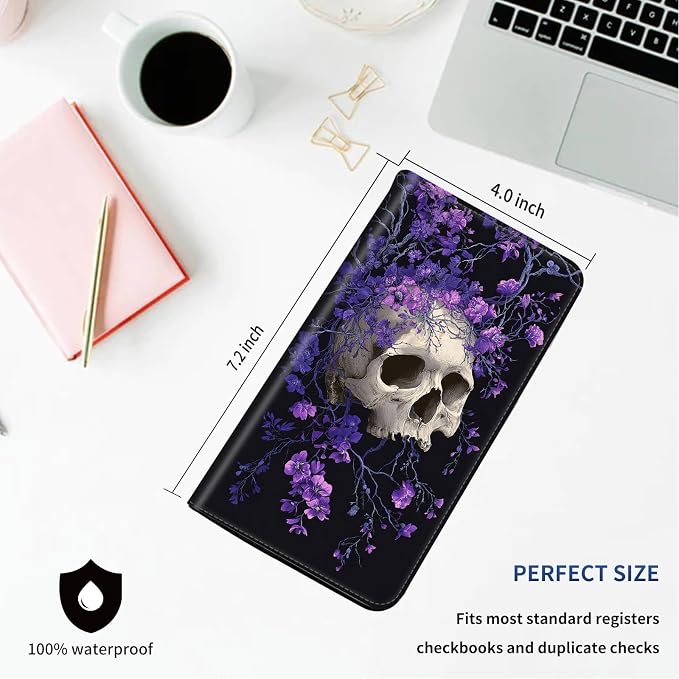 DEGDFSGR Checkbook Cover PU Leather Checkbook Covers for Women for Duplicate Checks, Check Book Covers with RFID Blocking Function for Personal Checkbook, Skull And Purple Flower