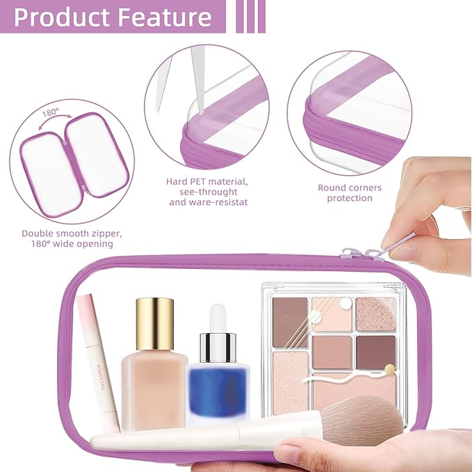 Clear Hard Shell Zipper Case,Clear Toy Storage Pouch,Waterproof Transparent Organizer Cosmtic Case for Travel, Office, Home (Purple, M+2*S)