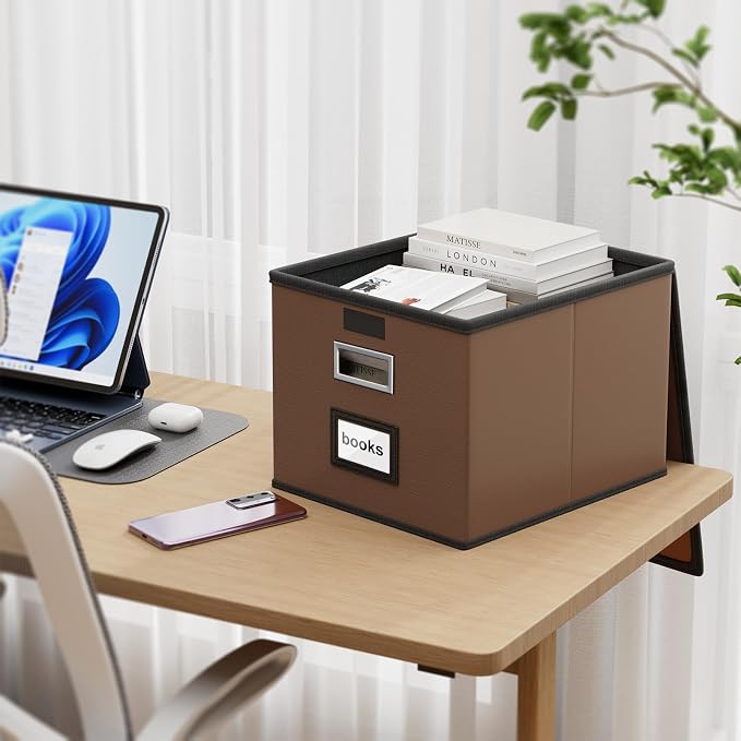 File Organizer Boxes with Lids, Collapsible Faux Leather Hanging File Folder Box Organizer with Plastic Slide, Decorative Home/Office Filing System Boxes for File and Folders Storage