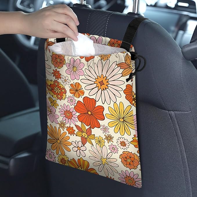 Car Trash Bag Hanging Back of Seat Waterproof Small Cute Printed One-Handed Strap Drawstring Garbage Bags for Car-Colorful Flower