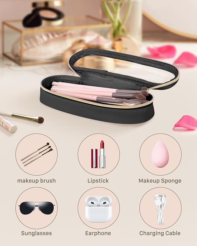 Soimeat Clear Travel Makeup Brush Holder, Leather Makeup Brush Toiletry Bag, Portable Cosmetic Brush Case, Transparent Waterproof Makeup Brush Storage Bag, Black, Large