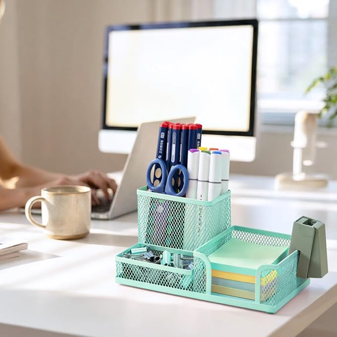 M&G Mesh Pen Holder Desk Organizers Pencil Holder for Desk Light Blue, 3 Compartments Metal Office Supply Organizer with Sticky Notes Holder for Home Office