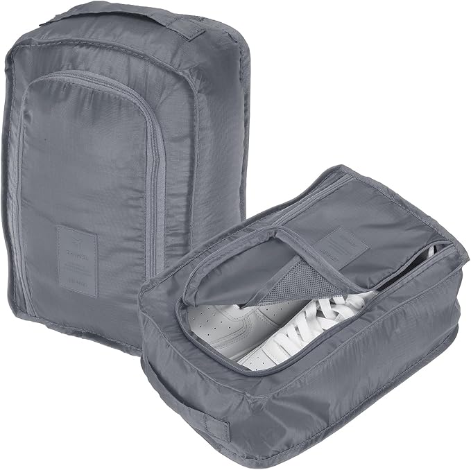 Foldable Travel Shoe Bag, Waterproof Shoe Pouches Organizer with Handle Travel Packing Cubes -Fitting for Storing (Sneakers/Sandals/Fitness Shoes) 2 Pcs & Gray