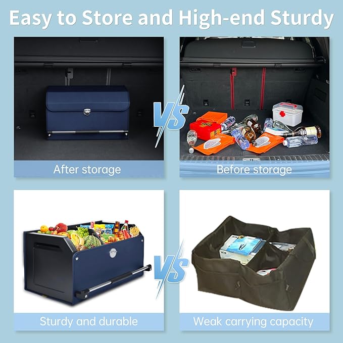 Car Trunk Organizer, Car Trunk Leather Storage Box with Lid and Push-pull Handle Car Trunk Storage Organizer for Car (Blue, 20.47 x 11.42 x 12.2in)
