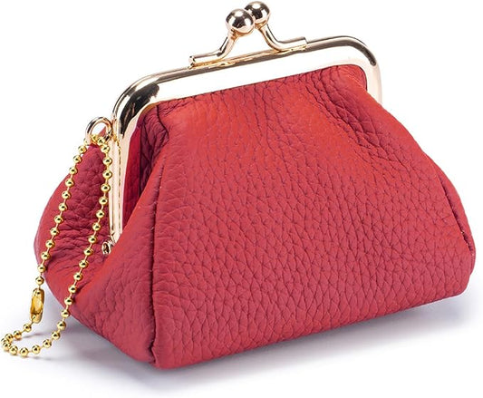 Genuine Leather Coin Purse for Women, Vintage Kiss Lock Small Leather Pouch, Mini Portable Wallet for Coins, Lipstick, Keys and Jewelry (Red)