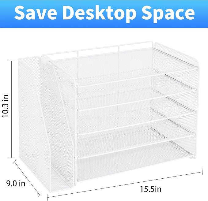 OPNICE Desk Organizer, 5-Tier Paper Organizer Letter Tray with Magazine Holder, Office Desk Accessories & Workspace Organizers, Desktop File Organizer for Office Supplies Storage, White