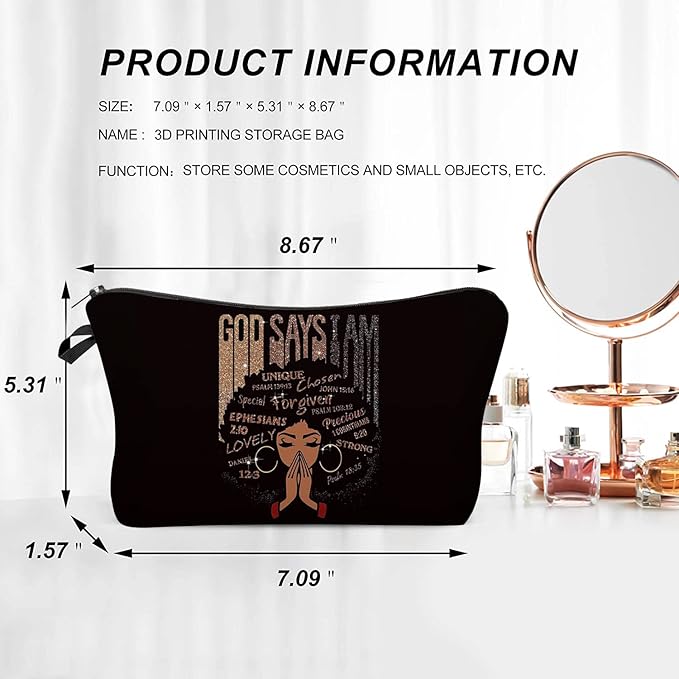 African American Makeup Bag for Purse God Says You are Unique Special Lovely Chosen Forgiven Afro Black Cosmetic Bags Inspirational Gift