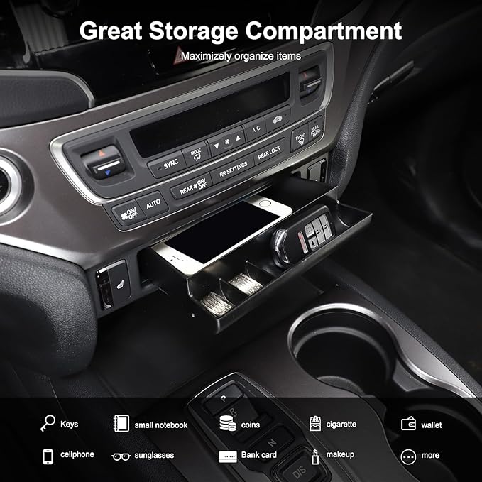 Center Console Organizer Tray Center Drawer Storage Box Suitable for Honda Pilot 2015-2022 Ridgeline 2017-2023 Customized Hidden Drawer Storage Box Car AC Under Panel Storage Box