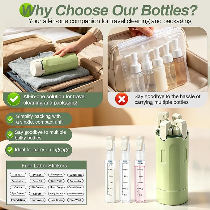 4 in 1 Travel Dispenser Bottle, 4 Pack 30ML Travel Bottles for Toiletries, 4 in 1 Travel Dispenser with Label, Leakproof & TSA Approved Portable Containers for Shampoo Lotion Conditioner Cream