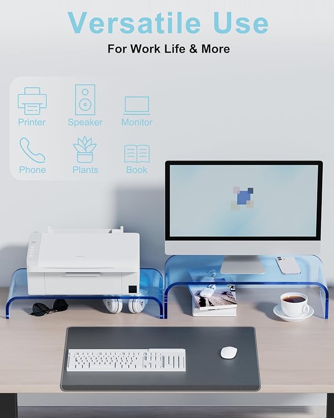 Acrylic Dual Monitor Stand Riser 2 Tier, Modular Laptop Stand for Desk, Multifunctional Desktop Organizer Shelf for PC, iMac, Printer, Detachable Monitor Stand for Office or Home, Blue