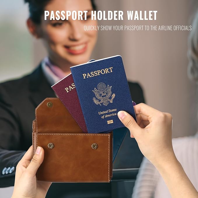 ASAPDOS RFID Blocking Family Passport Holder Wallet,Hold 2-3 Passports for Travel with Credit Card Slots & Wrist Crossbody Strap Brown