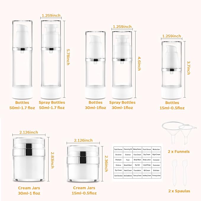 13 Pack Big Travel Size Containers, 1.7/1/0.5oz Clear Airless Pump Bottles, TSA Approved Skincare Empty Leak Proof Bottles Refillable Jars for Travel or Home Toiletries, Lotion, Liquid, Cream