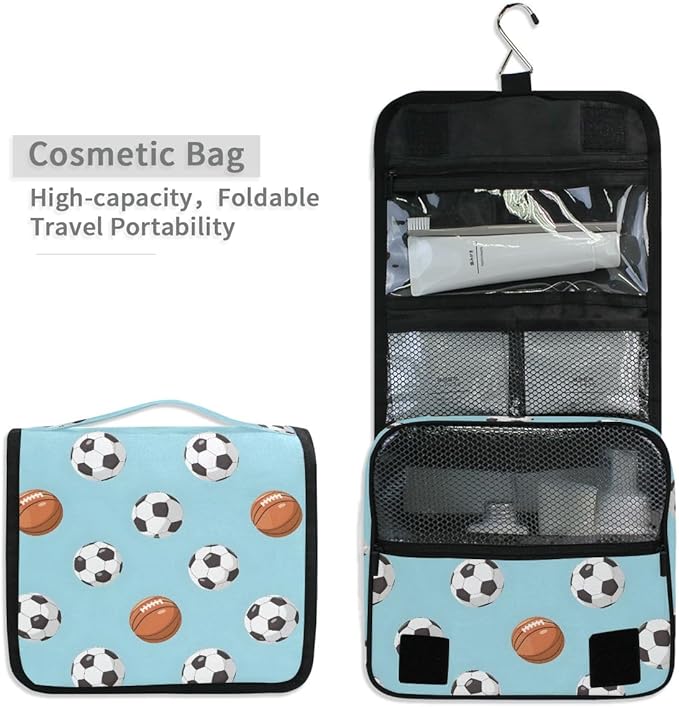 senya Hanging Travel Toiletry Bag Kit Boys Makeup Case Cosmetics Organizer for Men Women (Football And Basketball)