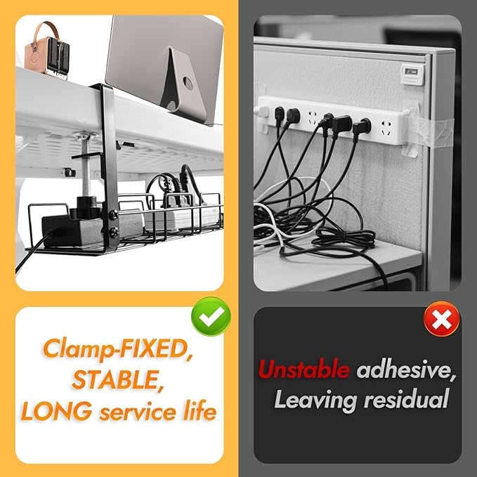 Under Desk Cable Management Tray No Drill - 15.7'' Long 5.1'' Wide Workspace Organizers, Pc Accessories, Steel Cord Organizers, 4 Cable Holder, 12 Roll Cable Organizer Straps(Black)