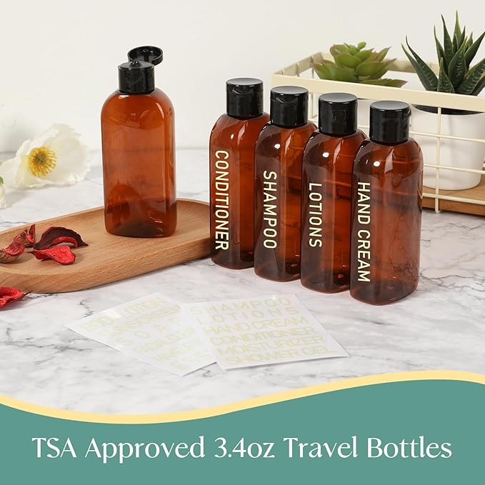 5 Pack Travel Bottles for Toiletries, 3.4oz TSA Approved Travel Size Containers, Leak Proof Refillable Travel Accessories for Shampoo Conditioner, Plastic Travel Bottles with Toiletry Bag and Label.