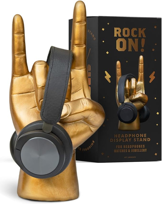 Luckies Headphone Stand - Headphone Holder - Rock On Hand - Headset Stand - Mens Jewellery Holder - Mens Desk Accessories - Controller Holders - Guitar Accessories - Desk Tidy - Dad Rock Gifts - Gold