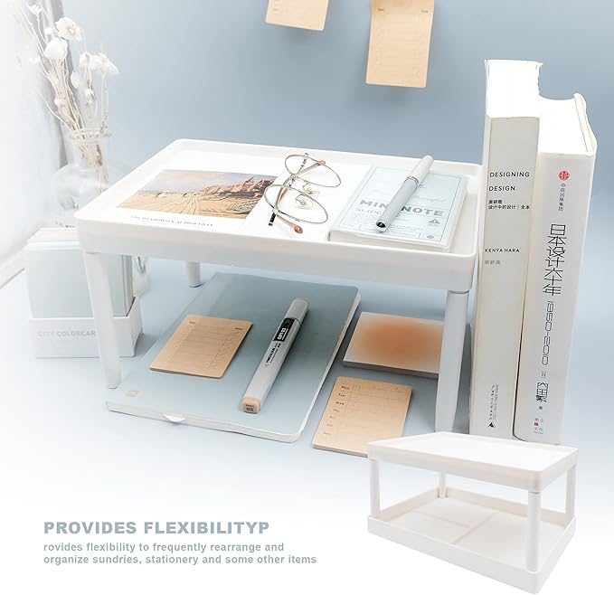 souG Desktop Storage Rack Organizer for Kitchen Bathroom Office Dorm - Double-Layer Cosmetic Stationery Storage Holder and Table Sundries Display Shelf - White