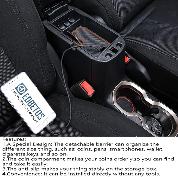 EDBETOS Center Console Organizer Tray Compatible with Jeep Renegade Accessories 2015-2019 2020 2021 2022 2023 Armrest Glove Box Secondary Storage (Orange Line)