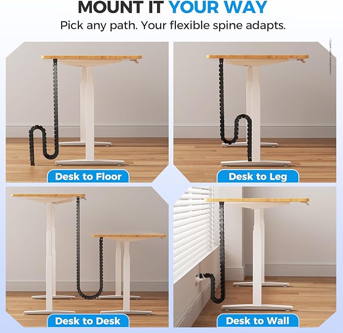 Cinati 52 Inch Vertebrae Cable Management, Black Under Desk Vertebrae Cable Management Kit, Adjustable Length Wire Sleeve for Standing Desk, Cord Organizer for Office - 2 Way Mounting (Tape or Screw)