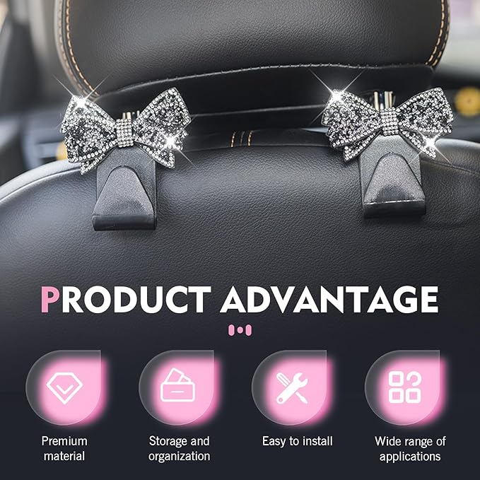 2 PCS Bling Bow Car Headrest Hook, Diamond Sparkling Invisible Seat Headrest Hooks, Vehicle Storage Organizer with Butterfly Bow Vent Clip for Purses, Bags, Groceries (Black)