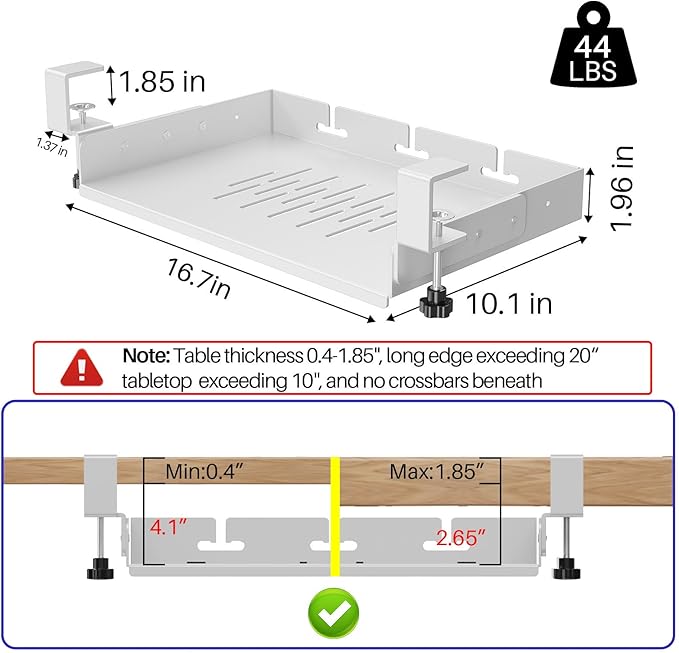 BYMECOST No Drill Under Desk Storage Shelf, Metal Under Desk Drawer Organizer with Clamp, Mount Under Desk Shelf Adds Tray, Desk Drawer for Office Desks, Table, Gaming Desk, Workstations (White)