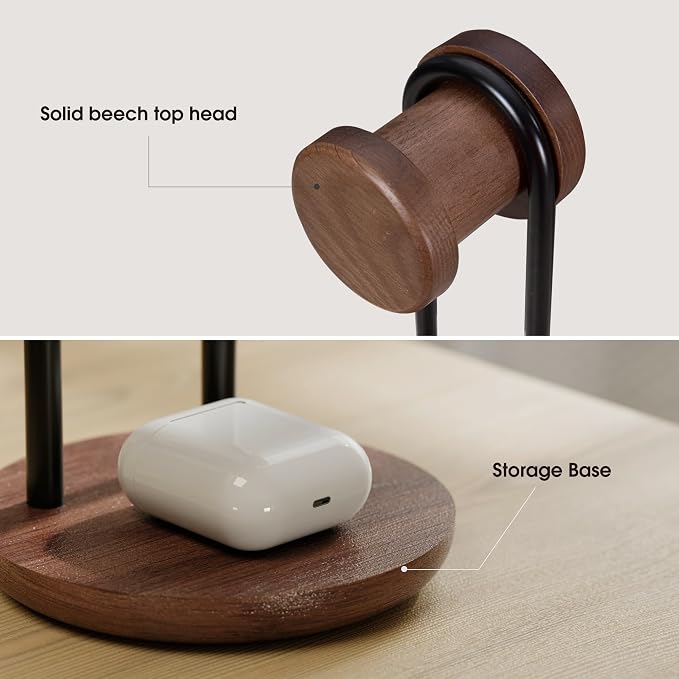 Fenge Headphone Stand for Desk, Nature Wood & Metal Headphone Holder with Storage Base, Desktop Headset Stand for Gaming Universal Headphones, Walnut