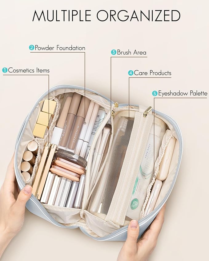VLANDO Makeup Bag,Travel Toiletry Bag,Cosmetic Bag for Women PU Leather Portable Make up Bag for Skincare, Brushes & Travel Essentials-Baby Blue