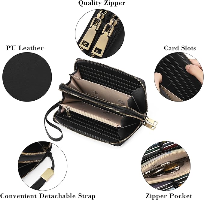 GAEKEAO Wallet for Women Clutch RFID Blocking Wristlet Leather Purse Large Capacity Credit Card Holder with Grip Hand Strap