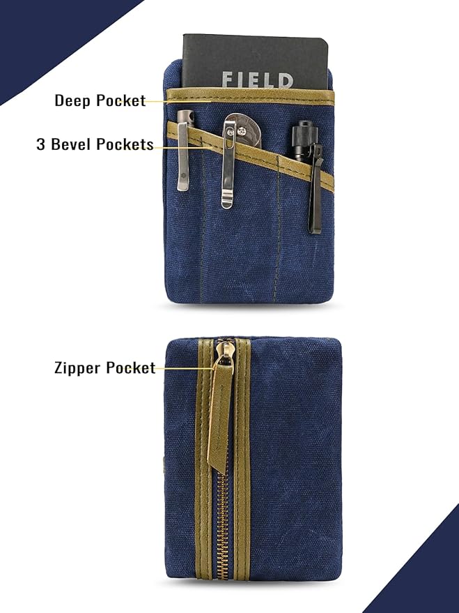 SP4 Waxed Canvas Compact EDC Pocket Organizer, Zippered Pocket Pouch for Men, Mini EDC Organizer for Change, Notebook, Tactical Pen, Flashlight