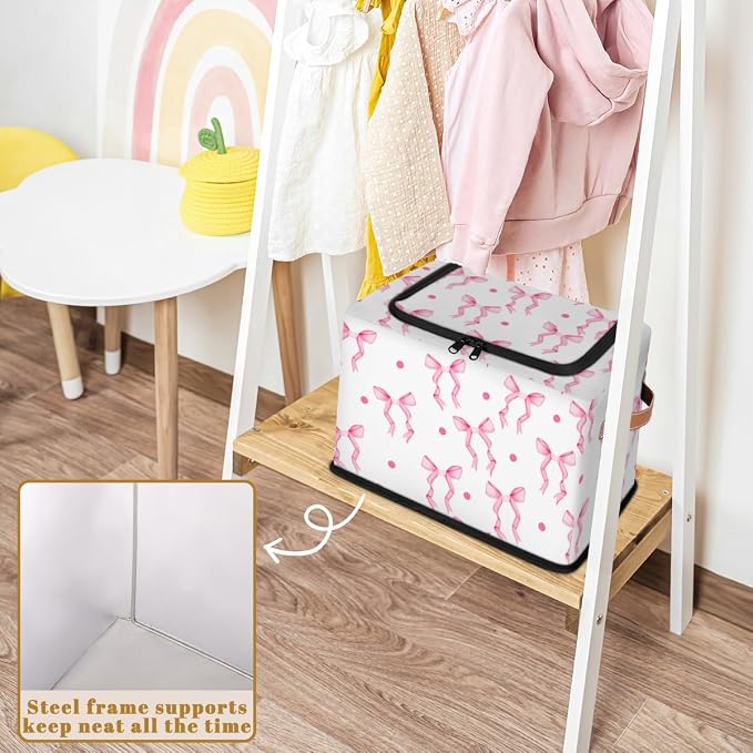 Storage Bins With Zipper Lid, Collapsible Trunk Organizer, Car Organizers and Storage Bins with Lids, Decorative Storage Boxes with Handle, Home Storage Baskets for Organizing (Pink Bow Ribbon)