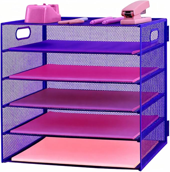 5 Tier Lettrer Tray Organizer, Metal Mesh Desk File Organizer with Sliding Trays, Paper Sorter Desk Organizer for Home Office School, Blue