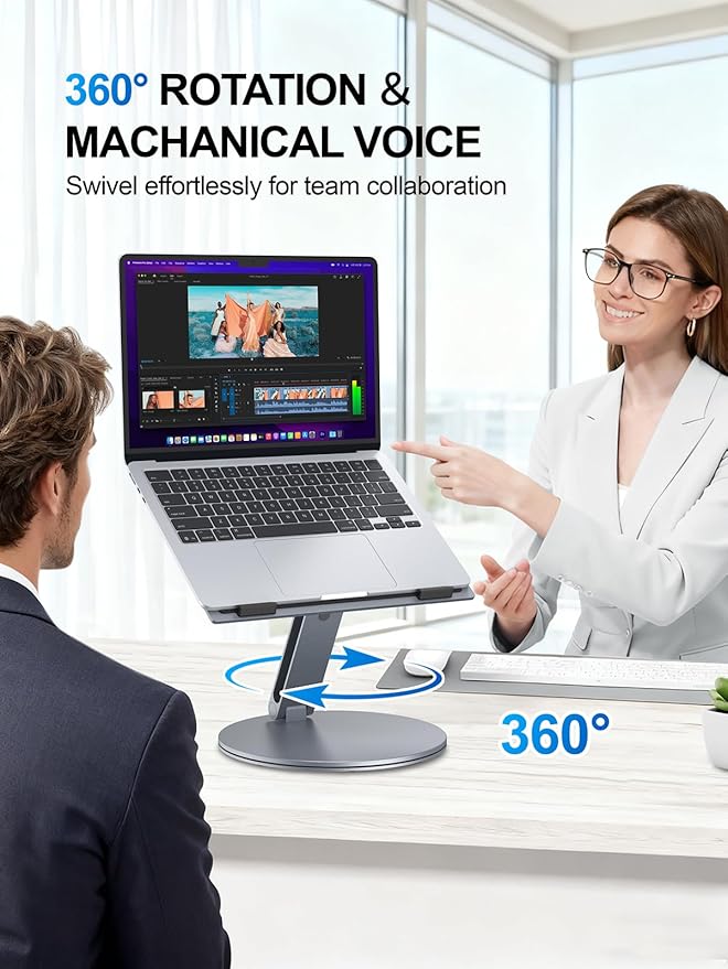 YICOSUN Adjustable Laptop Stand for Desk - 360° Rotating Ergonomic Riser with Aluminum Cooling Vents & Sturdy Construction for 10-16 Inch MacBook Pro/Air, Foldable Portable for Office & Home - Gray