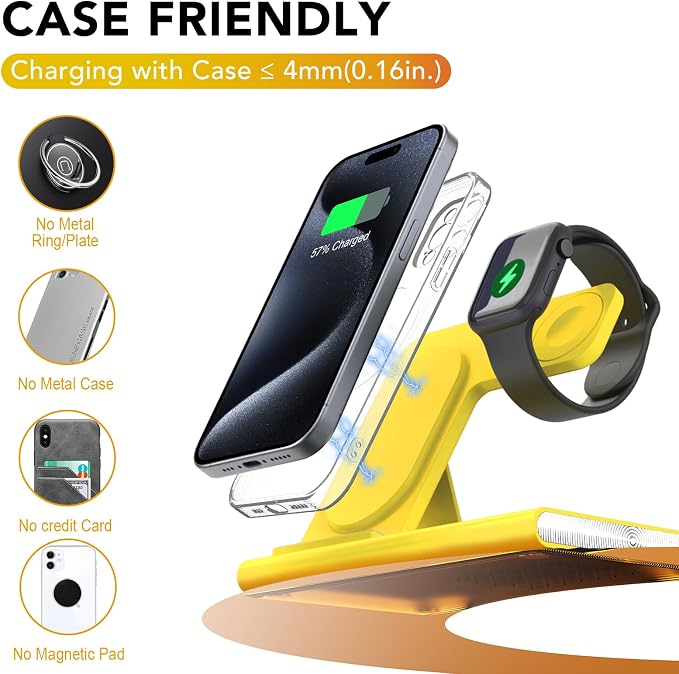 3 in 1 Charging Station for iPhone 17 - Wireless Charger for Apple Products for iPhone 17 16 15 14 13 12 11 Pro Max - Foldable Wireless Charging Station Dock Stand for iWatch Series & AirPods(Yellow)