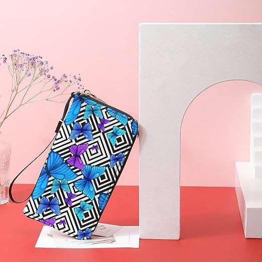 Unisex Zip Around Wallet for Adults Teens Blue Butterfly On Black Geometric Pattern Coin Pouch Cash Pocket PU Leather Wallets Card Holder Organizer Designer Purse with Wristlet Strap
